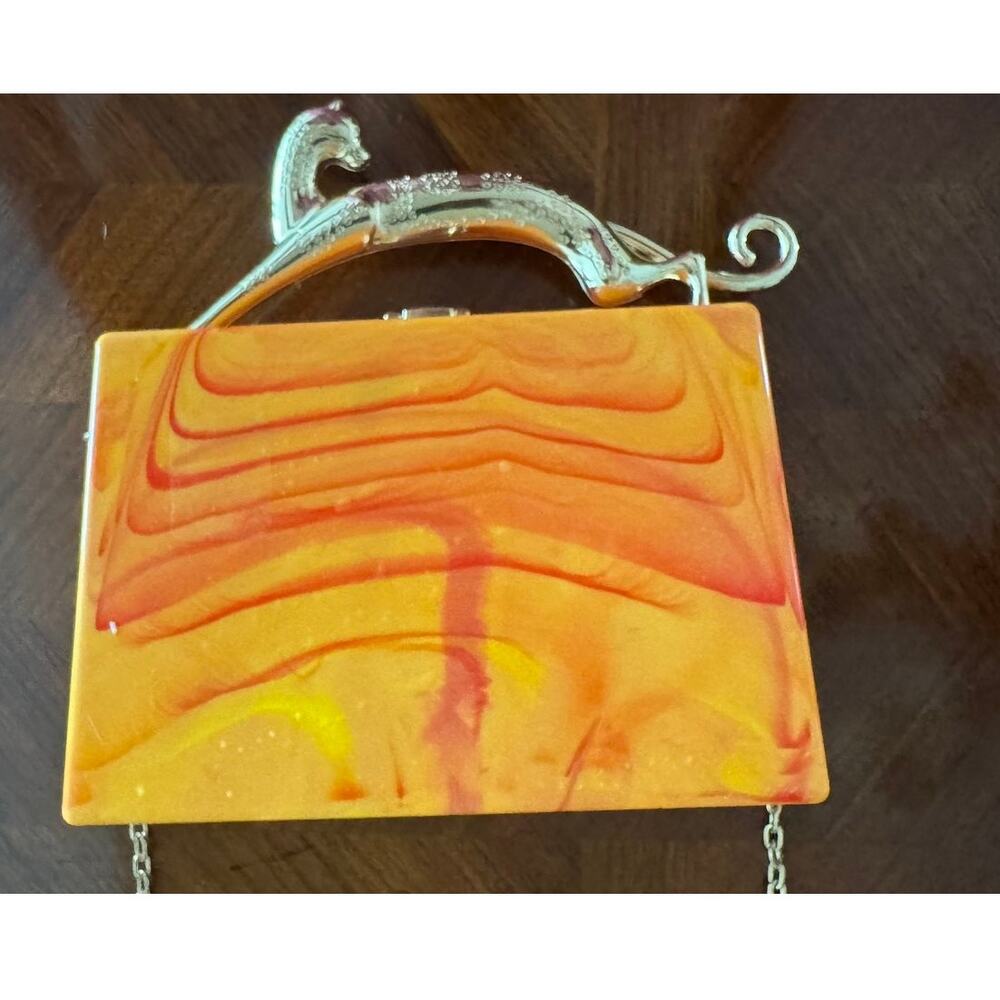 Orange Marbled Panther Handle Box Clutch Minaudiere Chain Purse - Picture 10 of 12